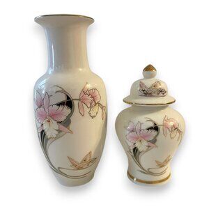 Fine China Vintage Orchid and Butterfly Vase and Ginger Jar Set